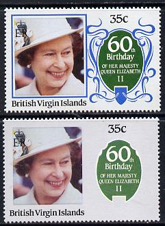 British Virgin Islands 1986 Queen's 60th Birthday 35c with blue omitted (frame & ribbons) plus normal, unlisted by UH & SG unmounted mint, stamps on , stamps on  stamps on royalty, stamps on  stamps on 60th birthday
