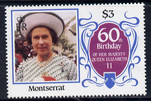 Montserrat 1986 Queen's 60th Birthday $3 unmounted mint with blue-grey background omitted (unlisted by SG & UH), stamps on , stamps on  stamps on royalty, stamps on  stamps on 60th birthday