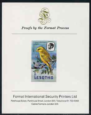 Lesotho 1981 Yellow Canary 7s imperf proof mounted on Format International proof card (as SG 442), stamps on , stamps on  stamps on lesotho, stamps on  stamps on birds, stamps on  stamps on canary, stamps on  stamps on 