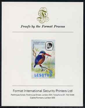 Lesotho 1981 Malachite Kingfisher 25s imperf proof mounted on Format International proof card (as SG 444), stamps on , stamps on  stamps on lesotho, stamps on  stamps on birds, stamps on  stamps on kingfisher