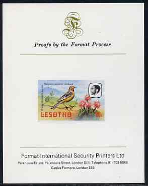 Lesotho 1981 Cape Longclaw 60s imperf proof mounted on Format International proof card (as SG 446), stamps on , stamps on  stamps on lesotho, stamps on  stamps on birds, stamps on  stamps on longclaw