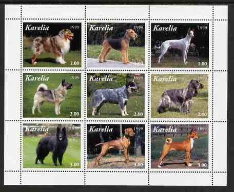 Karelia Republic 1999 Dogs perf sheetlet containing complete set of 9 values, unmounted mint, stamps on , stamps on  stamps on dogs, stamps on  stamps on 