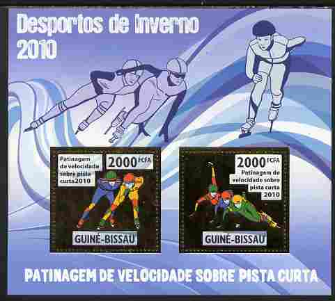 Guinea - Bissau 2010 Winter Olympic Sports - Speed Skating (Short Runway) perf sheetlet containing 2 values in gold unmounted mint, stamps on , stamps on  stamps on olympics, stamps on  stamps on sport, stamps on  stamps on skating, stamps on  stamps on ice skating