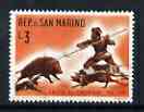 San Marino 1961 3L from Hunting (1st series) showing Wild Boar Hunt, unmounted mint, SG 628, stamps on hunting, stamps on boars, stamps on dogs