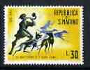 San Marino 1961 30L from Hunting (1st series) showing 17th century huntsmen with dogs, unmounted mint, SG 632, stamps on hunting, stamps on dogs