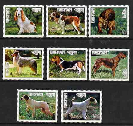 Bhutan 1973 perf set of 9 dogs unmounted mint, Mi 536-543, stamps on dogs, stamps on fox terrier, stamps on pointer, stamps on irish setter, stamps on basset hound, stamps on collies, stamps on boxer, stamps on st bernard, stamps on cocker spaniel, stamps on 