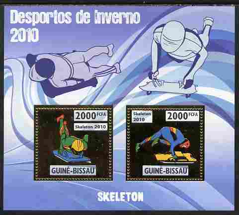 Guinea - Bissau 2010 Winter Olympic Sports - Skeleton Skating perf sheetlet containing 2 values in gold unmounted mint, stamps on olympics, stamps on sport, stamps on skeleton