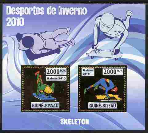 Guinea - Bissau 2010 Winter Olympic Sports - Skeleton Skating perf sheetlet containing 2 values in gold unmounted mint, stamps on , stamps on  stamps on olympics, stamps on  stamps on sport, stamps on  stamps on skeleton