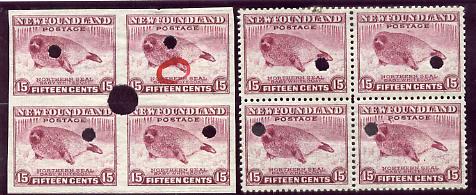 Newfoundland 1941-44 KG6 Seal 15c in perf & imperf matched proof blocks of 4 from archives with checker's mark highlighting a variety for retouching, each stamp with Waterlow security punch hole, some wrinkling but rare (as SG 285), stamps on , stamps on  stamps on animals   marine-life    polar    seal, stamps on  stamps on  kg6 , stamps on  stamps on 