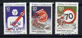 Turkey 1987 Road Safety set of 3 unmounted mint, SG 2953-55, stamps on cars, stamps on road safety
