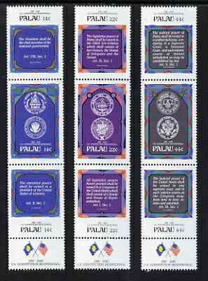 Palau 1987 Bicent of USA Constitution set of 9 in 3 x vertical se-tenant strip of 3, unmounted mint SG 199-207, stamps on , stamps on  stamps on americana