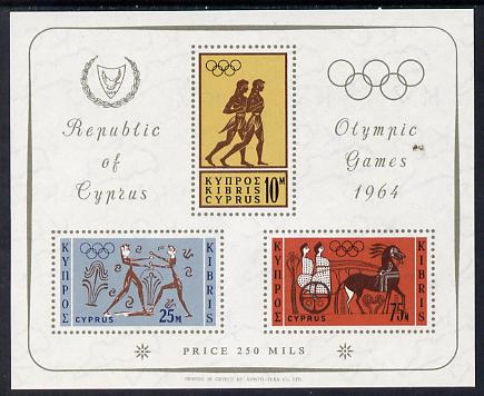 Cyprus 1964 Tokyo Olympics m/sheet, SG MS 248a, stamps on , stamps on  stamps on olympics    sport     boxing   running   chariots, stamps on ancient greece 