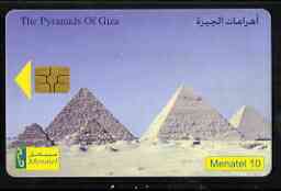 Telephone Card - Egypt E10 phone card showing The Pyramids at Giza 1st Wonder of the Ancient World, stamps on heritage, stamps on buildings, stamps on egyptology