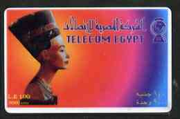 Telephone Card - Egypt E100 phone card (900 units) showing Queen Nefertiti #03 (Telecom Egypt), stamps on statues, stamps on egyptology, stamps on women