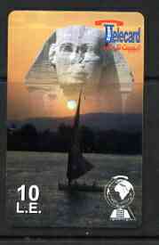 Telephone Card - Egypt E10 phone card showing the Sphinx #1 (Globe logo bottom rght), stamps on statues, stamps on egyptology, stamps on 