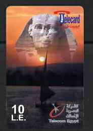 Telephone Card - Egypt E10 phone card showing the Sphinx #3 (logo & 3 lines of Arabic text bottom rght), stamps on statues, stamps on egyptology, stamps on 