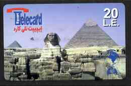 Telephone Card - Egypt E20 phone card showing the Sphinx & Pyramids (horizontal), stamps on statues, stamps on egyptology, stamps on 