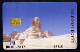 Telephone Card - Egypt E15 phone card showing the Sphinx & Pyramids (Without Logo top right), stamps on statues, stamps on egyptology, stamps on 