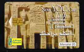 Telephone Card - Egypt �E20 phone card showing the Temple at Abu Simbel (Hathor Temple), stamps on statues, stamps on egyptology, stamps on 