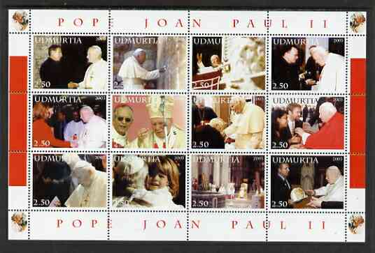 Udmurtia Republic 2003 Pope John Paul II perf sheetlet #01 containing complete set of 12 values (inscribed Pope Joan Paul II) unmounted mint, stamps on religion, stamps on pope, stamps on personalities