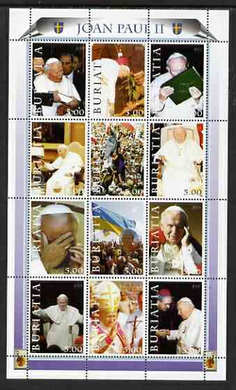 Buriatia Republic 2003 Pope John Paul II perf sheetlet #01 containing complete set of 12 values (inscribed Pope Joan Paul II) unmounted mint, stamps on religion, stamps on pope, stamps on personalities