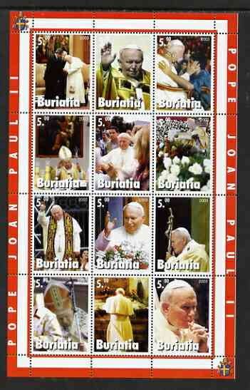 Buriatia Republic 2003 Pope John Paul II perf sheetlet #02 containing complete set of 12 values (inscribed Pope Joan Paul II) unmounted mint, stamps on religion, stamps on pope, stamps on personalities