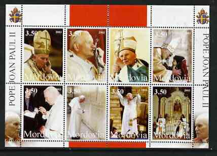 Mordovia Republic 2003 Pope John Paul II perf sheetlet #01 containing complete set of 8 values (inscribed Pope Joan Paul II) unmounted mint, stamps on religion, stamps on pope, stamps on personalities