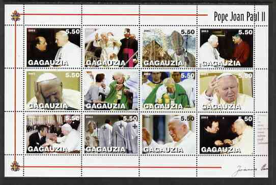 Gagauzia Republic 2003 Pope John Paul II perf sheetlet #02 containing complete set of 12 values (inscribed Pope Joan Paul II) unmounted mint, stamps on , stamps on  stamps on religion, stamps on  stamps on pope, stamps on  stamps on personalities