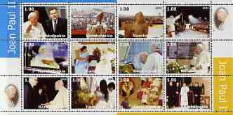 Karakalpakia Republic 2003 Pope John Paul II perf sheetlet #02 containing complete set of 12 values (inscribed Pope Joan Paul II) unmounted mint, stamps on religion, stamps on pope, stamps on personalities