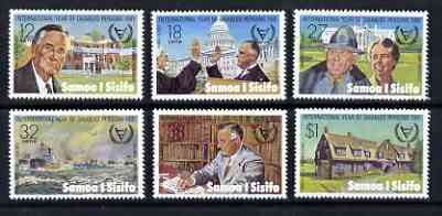 Samoa 1981 International Year for Disabled Persons (Pres Roosevelt) perf set of 6 unmounted mint, SG 588-93, stamps on , stamps on  stamps on disabled, stamps on  stamps on roosevelt, stamps on  stamps on presidents, stamps on  stamps on ships, stamps on  stamps on postal