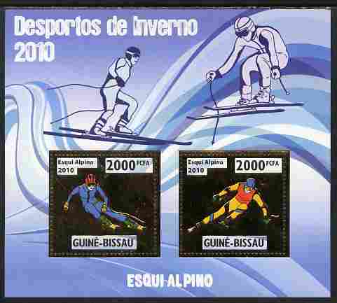 Guinea - Bissau 2010 Winter Olympic Sports - Alpine Skiing perf sheetlet containing 2 values in gold unmounted mint, stamps on , stamps on  stamps on olympics, stamps on  stamps on sport, stamps on  stamps on skiing