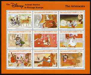 Grenada - Grenadines 1988 Disney Animal Cartoon Films - The Aristocats perf sheetlet containing 9 values unmounted mint, as SG 1003-11, stamps on , stamps on  stamps on disney, stamps on  stamps on cartoons, stamps on  stamps on films, stamps on  stamps on cinema, stamps on  stamps on motorbikes