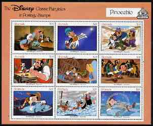 Grenada 1987 50th Anniversary of First Disney Full-length Cartoon Films - Pinocchio perf sheetlet containing 9 values unmounted mint, as SG 1680-88, stamps on disney, stamps on cartoons, stamps on films, stamps on cinema, stamps on 