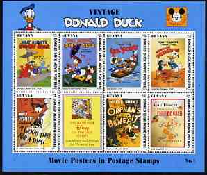 Guyana 1994 Disneys Vintage Donald Duck Movie Posters #1 (incl Golf) perf sheetlet containing 7 x $5 values unmounted mint, similar to SG 3728-35, stamps on disney, stamps on cartoons, stamps on films, stamps on cinema, stamps on golf, stamps on penguins, stamps on 