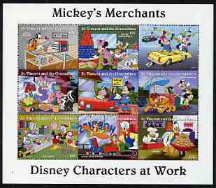 St Vincent - Grenadines 1995 Disney Characters at Work - Mickey's Merchants perf sheetlet containing 9 x 10c values unmounted mint, stamps on , stamps on  stamps on disney, stamps on  stamps on cartoons, stamps on  stamps on films, stamps on  stamps on cinema, stamps on  stamps on toys, stamps on  stamps on cars, stamps on  stamps on railways, stamps on  stamps on bread