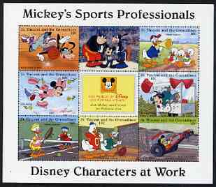 St Vincent - Grenadines 1996 Disney Characters at Work - Mickey's Sports Professionals perf sheetlet containing 8 x 10c values unmounted mint, stamps on , stamps on  stamps on disney, stamps on  stamps on cartoons, stamps on  stamps on films, stamps on  stamps on cinema, stamps on  stamps on basketball, stamps on  stamps on boxing, stamps on  stamps on ice skating, stamps on  stamps on tennis, stamps on  stamps on football, stamps on  stamps on cars, stamps on  stamps on sport