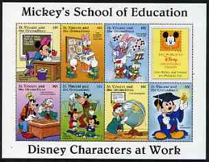 St Vincent - Grenadines 1996 Disney Characters at Work - Mickey's School of Education perf sheetlet containing 7 x 10c values unmounted mint, stamps on , stamps on  stamps on disney, stamps on  stamps on cartoons, stamps on  stamps on films, stamps on  stamps on cinema, stamps on  stamps on education, stamps on  stamps on globes, stamps on  stamps on music