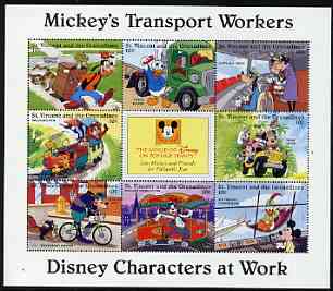 St Vincent - Grenadines 1996 Disney Characters at Work - Mickey's Transport Workers perf sheetlet containing 8 x 10c values unmounted mint, stamps on , stamps on  stamps on disney, stamps on  stamps on cartoons, stamps on  stamps on films, stamps on  stamps on cinema, stamps on  stamps on trucks, stamps on  stamps on railways, stamps on  stamps on bicycles, stamps on  stamps on trams, stamps on  stamps on aviation