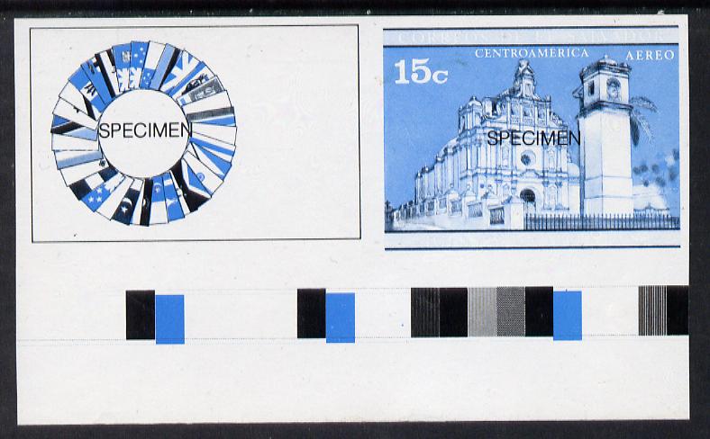 El Salvador 1971 Churches 15c (SG 1372) in blue & black colours only IMPERF & se-tenant with Singapore 30c Heads of Govt, both optd SPECIMEN unmounted mint, exceptionally..., stamps on churches, stamps on constitutions, stamps on flags, stamps on religion