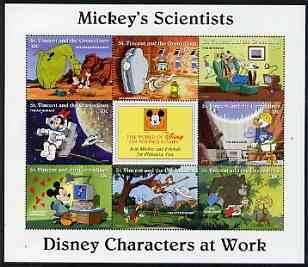 St Vincent - Grenadines 1996 Disney Characters at Work - Mickey's Scientists perf sheetlet containing 8 x 10c values unmounted mint, stamps on , stamps on  stamps on disney, stamps on  stamps on cartoons, stamps on  stamps on films, stamps on  stamps on cinema, stamps on  stamps on science, stamps on  stamps on dams, stamps on  stamps on computers, stamps on  stamps on telescopes, stamps on  stamps on astronomy, stamps on  stamps on archaeology, stamps on  stamps on dinosaurs