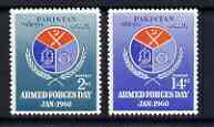 Pakistan 1960 Armed Forces Day perf set of 2 unmounted mint, SG 106-7, stamps on aviation, stamps on anchors, stamps on badges, stamps on militaria