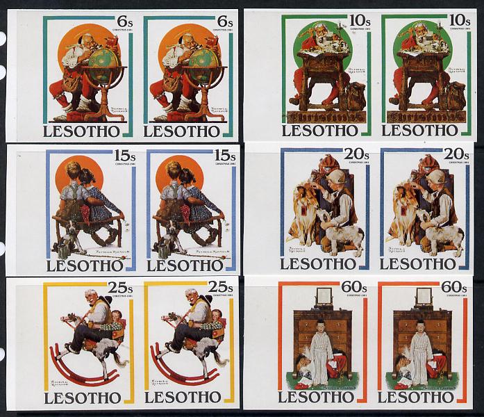 Lesotho 1981 Christmas Paintings by Norman Rockwell set of 6 in unmounted mint imperf pairs (SG 455-69), stamps on , stamps on  stamps on arts, stamps on  stamps on christmas, stamps on  stamps on santa