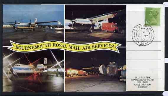 Postcard - Great Britain 1980 Bournemouth Royal Mail Air Services picture postcard (SWPR 10) used with first day of sale cancel, stamps on postal, stamps on aviation, stamps on dart