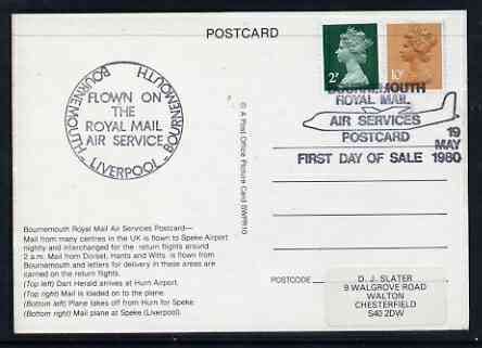 Postcard - Great Britain 1980 Bournemouth Royal Mail Air Services picture postcard (SWPR 10) used with special illustrated flown cancel, stamps on , stamps on  stamps on postal, stamps on  stamps on aviation, stamps on  stamps on dart