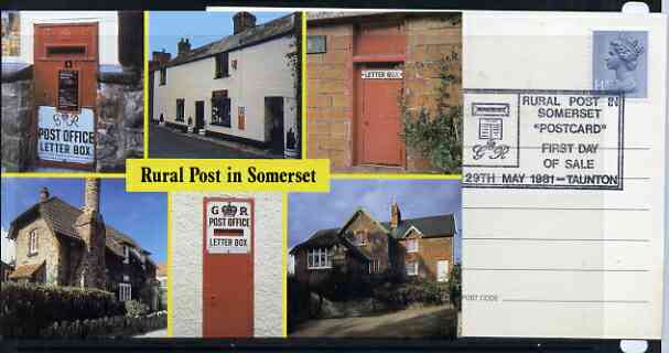 Postcard - Great Britain 1981 Rural Post in Somerset picture postcard (SWPR 13) used with special Taunton first day of sale cancel, stamps on post offices, stamps on postbox
