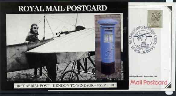 Postcard - Great Britain 1986 First Aerial Post Hendon to Windsor picture postcard (SEPR 49) used with special illustrated 75th Anniversary Hendon cancel, stamps on aviation, stamps on postbox
