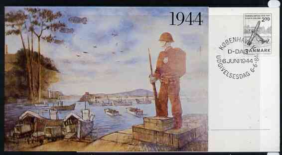 Postcard - Great Britain 1984 D-Day Invasion (Weymouth PO Mural) postcard (SWPR 23) used bearing Denmark 'Anchor' stamp with special Kbenhavn D-Dag first day of sale cancel, stamps on postal, stamps on , stamps on  ww2 , stamps on , stamps on anchors