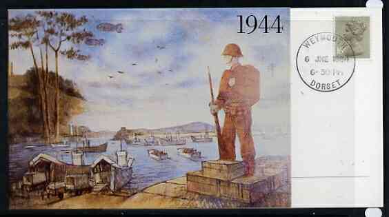 Postcard - Great Britain 1984 D-Day Invasion (Weymouth PO Mural) postcard (SWPR 23) used with special Weymouth 6 June first day of sale cancel, stamps on postal, stamps on  ww2 , stamps on 