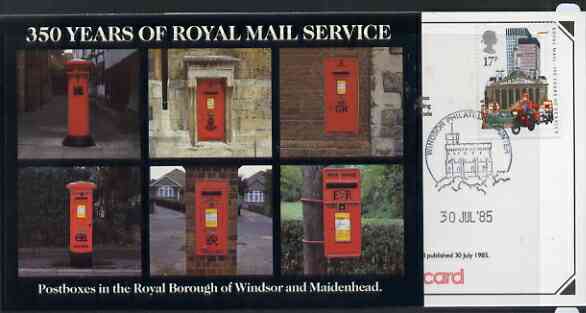 Postcard - Great Britain 1985 350 Years of Royal Mail Service - Postboxes in Windsor postcard (SEPR 44) used with first day of sale cancel, stamps on , stamps on  stamps on postal, stamps on  stamps on postbox