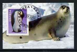 Eritrea 2001 Penguin & Seal imperf souvenir sheet (with Rotary Logo) fine cto used, stamps on , stamps on  stamps on animals, stamps on  stamps on polar, stamps on  stamps on penguins, stamps on  stamps on seals, stamps on  stamps on rotary